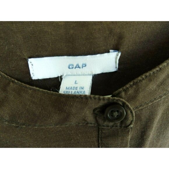 GAP L brown long sleeve collarless button front hidden placket shirt work office - Picture 2 of 3